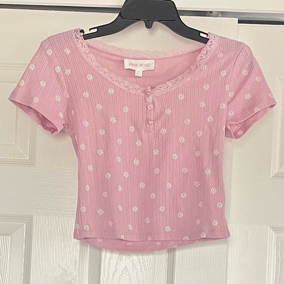 Pink Rose | Tops | Pink Rose Floral Print Crop Top Lace Trim | Poshmark